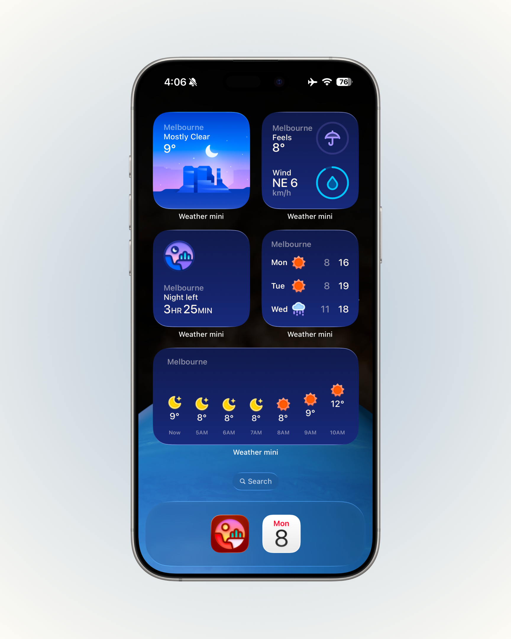 Weather mini widget gallery showing current weather, feels-like details, night left, daily forecast, hourly forecast, and the new small daily widget