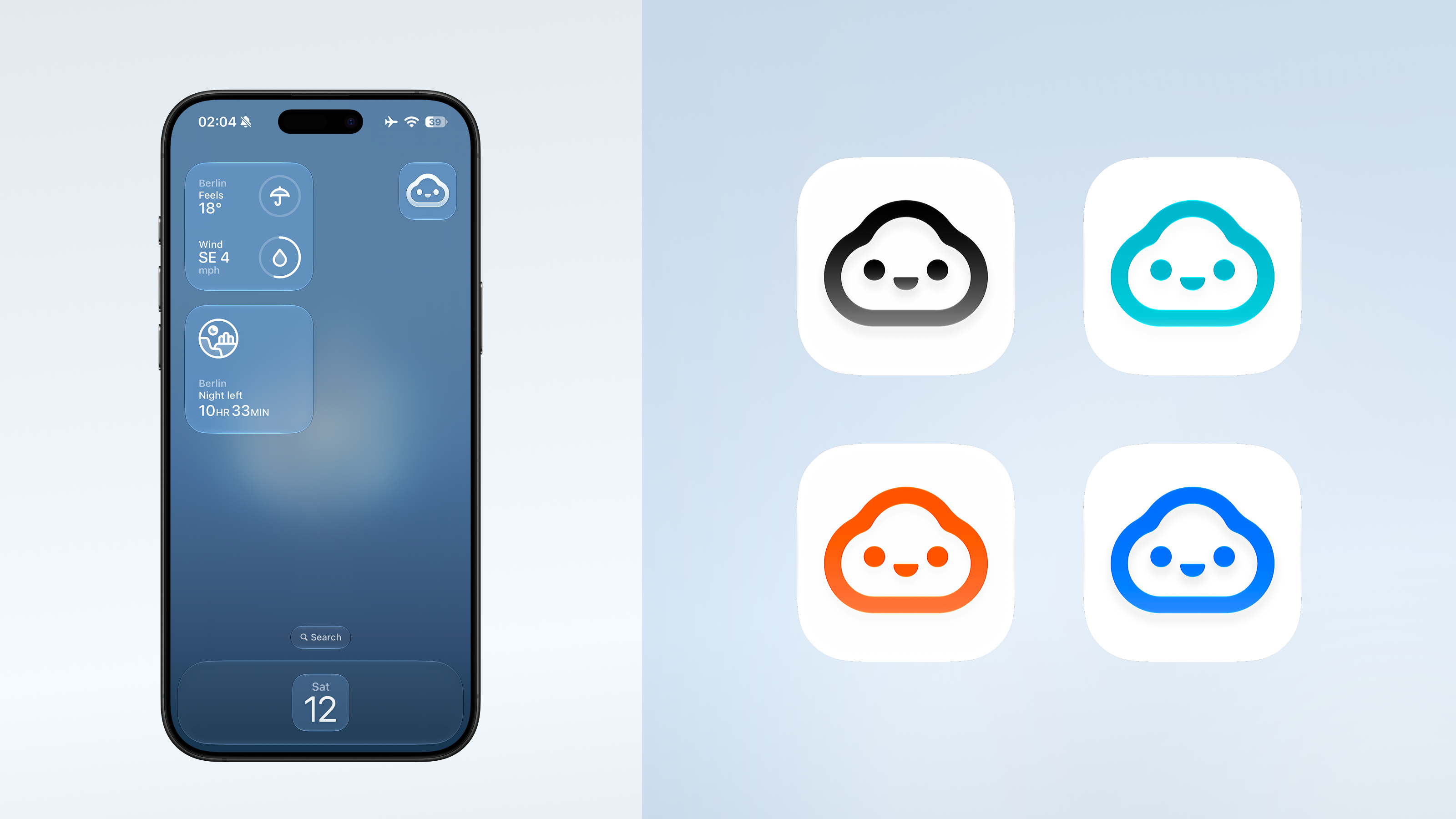 Weather bot app icons in black, cyan, orange, and blue, alongside an iPhone Home Screen