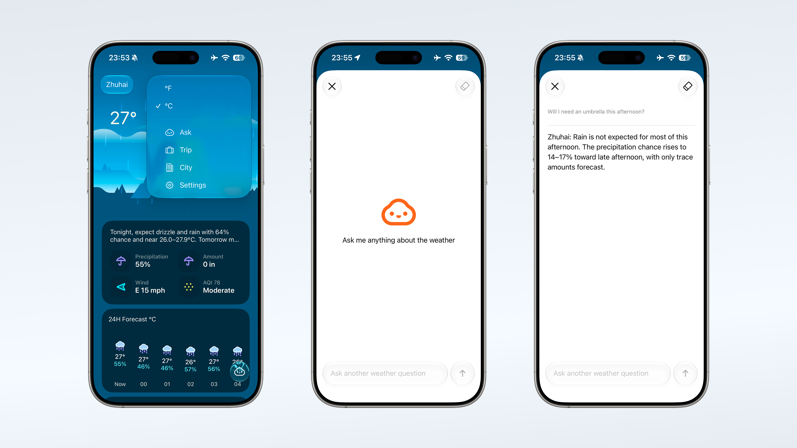 Ask Weather on iPhone, from opening the app menu to asking whether an umbrella is needed