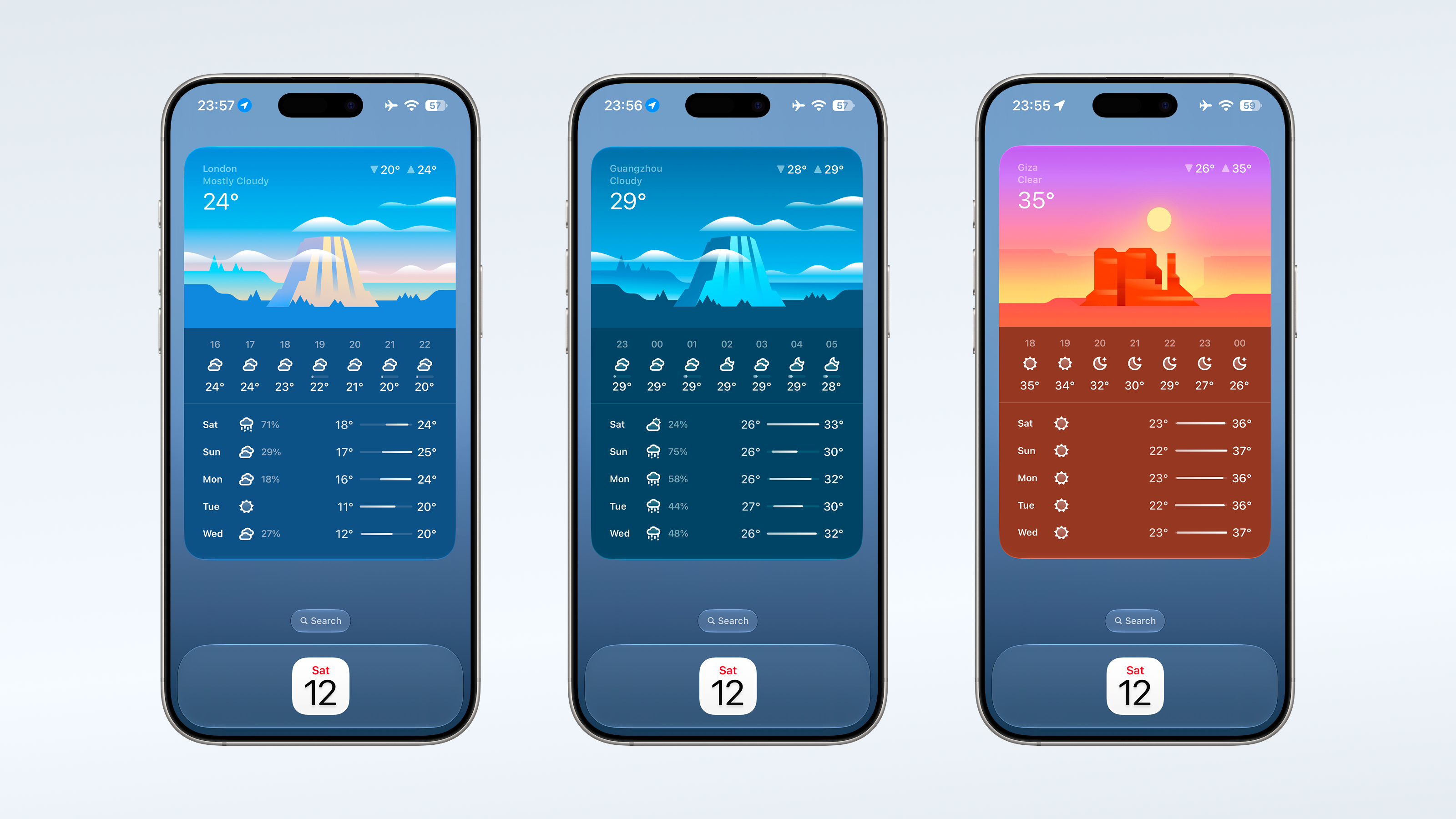 Extra Large Portrait weather widgets showing forecasts for London, Guangzhou, and Giza